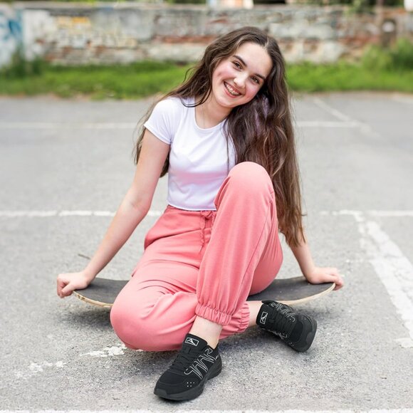 Women's Sneakers Walking Shoes Slip on Cushion Tennis Shoe Workout Gym All Black - Picture 2 of 6